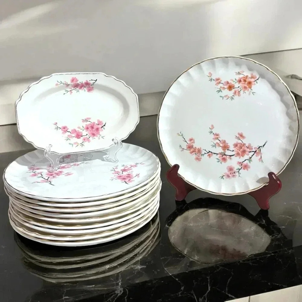 Vintage W.S. George 22 Carat Gold Painted Plate Set of 10 Bolero Peach Blossom